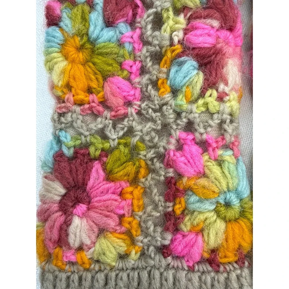 Crochet Fingerless Gloves Womens Multicolor 100% Wool Boho Rainbow